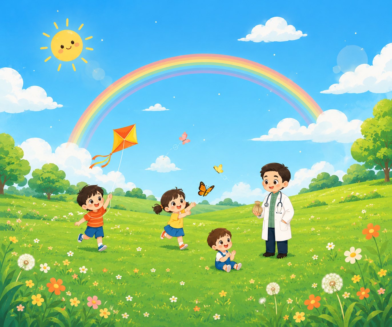 藍天綠地下孩子們開心玩耍，醫師微笑陪伴的可愛插畫